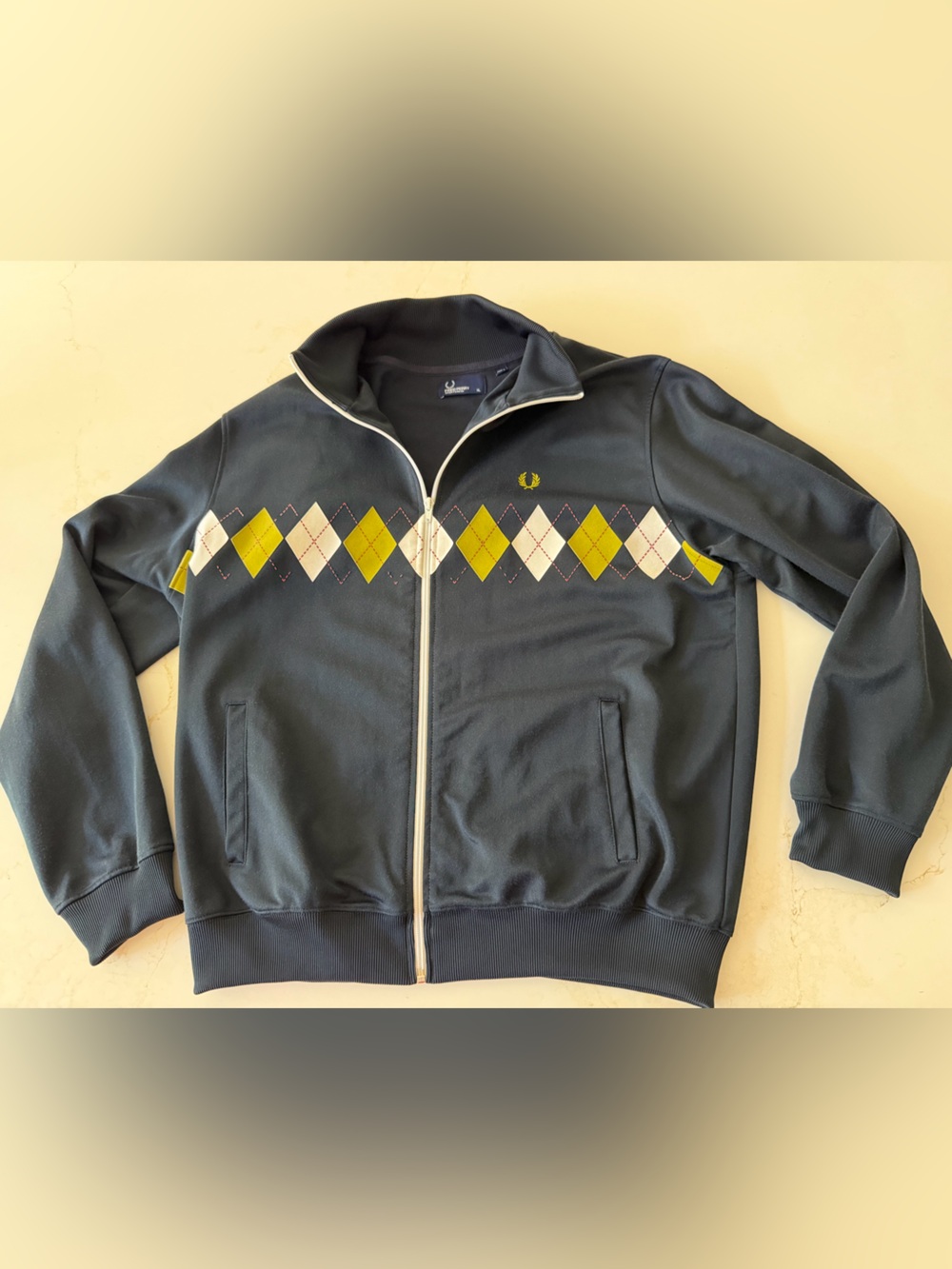 Fred Perry 90s Navy Zip-Up Argyle Track Jacket with Yellow & Cream Accents